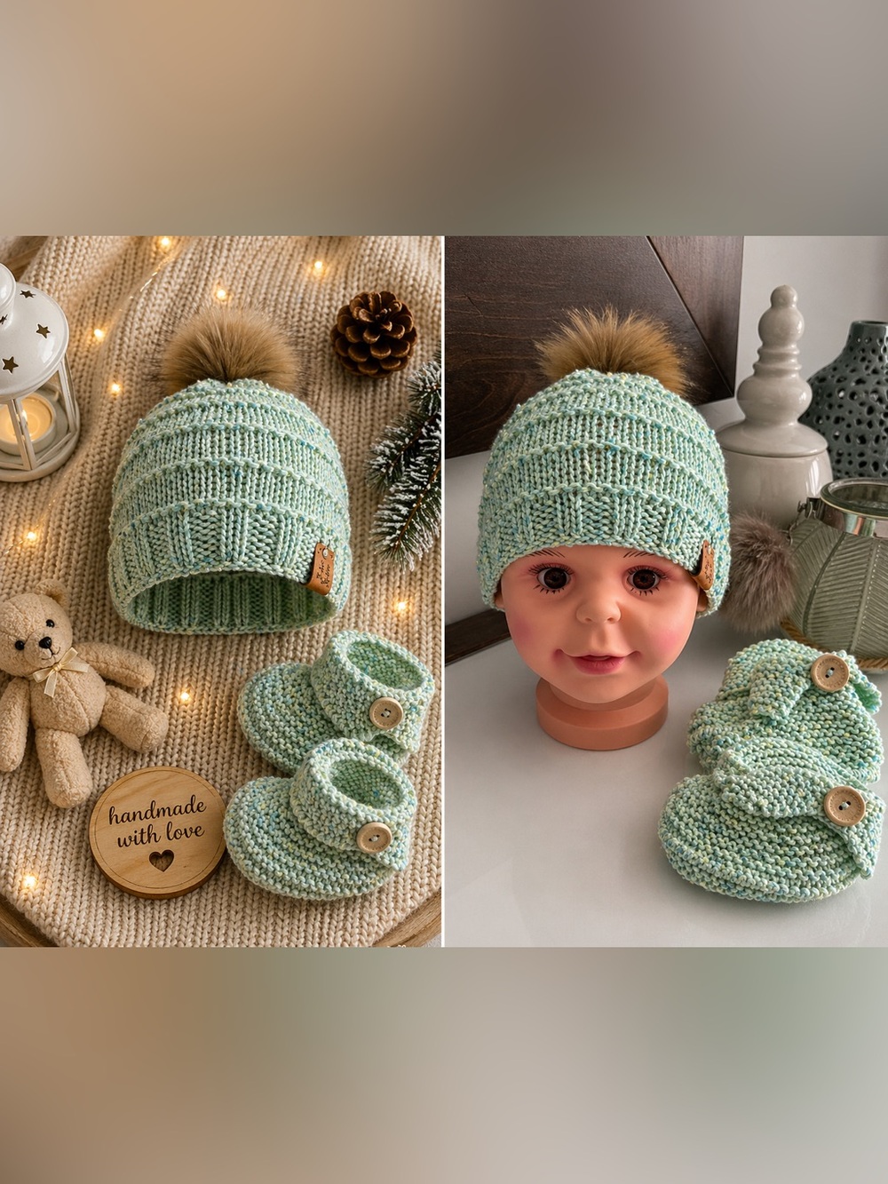 Mint Green Knit Pom Beanie with Matching Booties